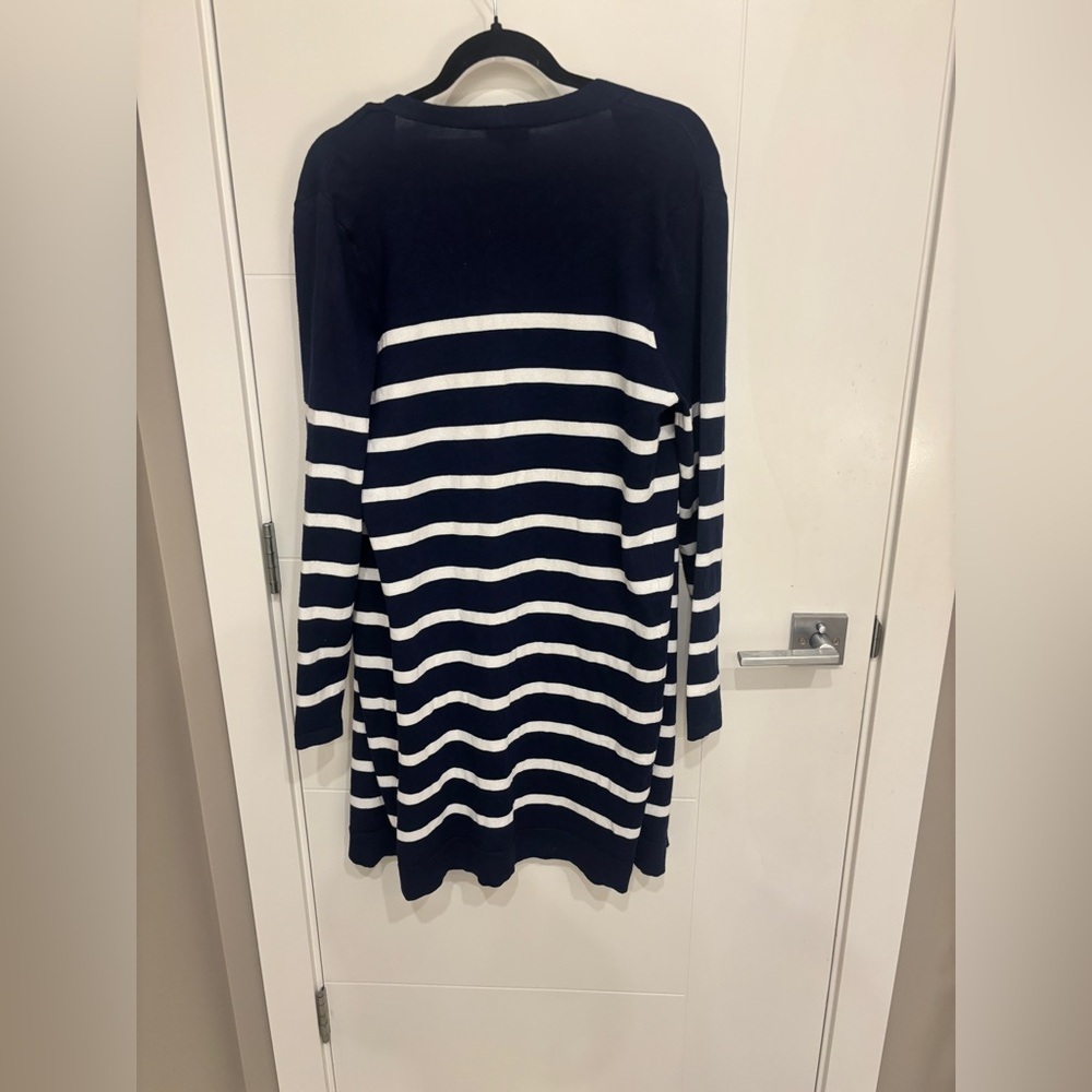 Striped Open-Front Navy and White Women's Cardigan Sweater - Picture 4 of 4